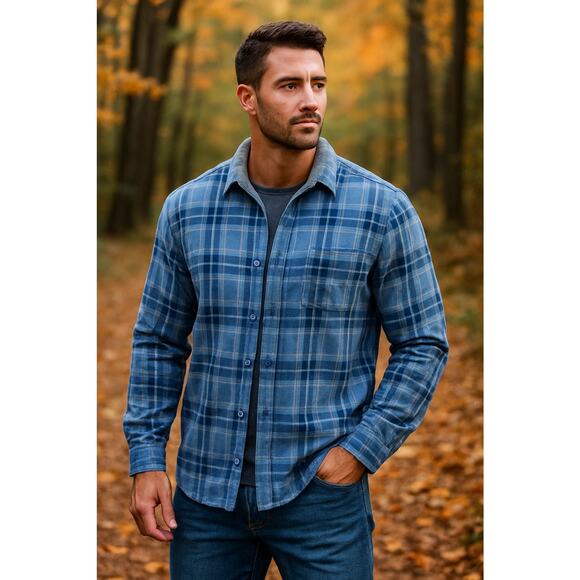L.L.Bean Men’s M Fleece Lined Flannel Shirt Blue Plaid Button Front Long Sleeve - Picture 1 of 14